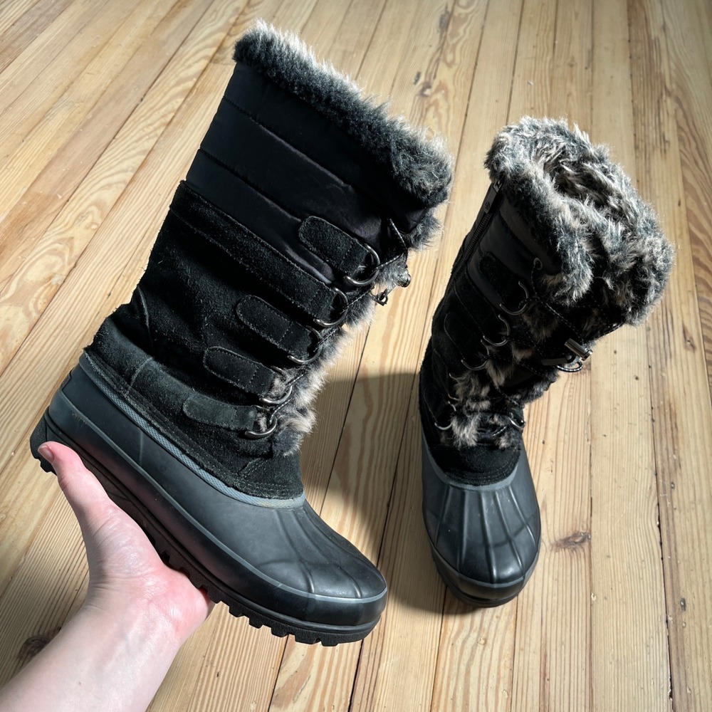 Lands End Snow Boots Womens 7.5 Black Faux Fur Trim Waterproof Duck Boots Tall